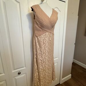 JJs House Gold Tan Pleated Ruched Midi Dress